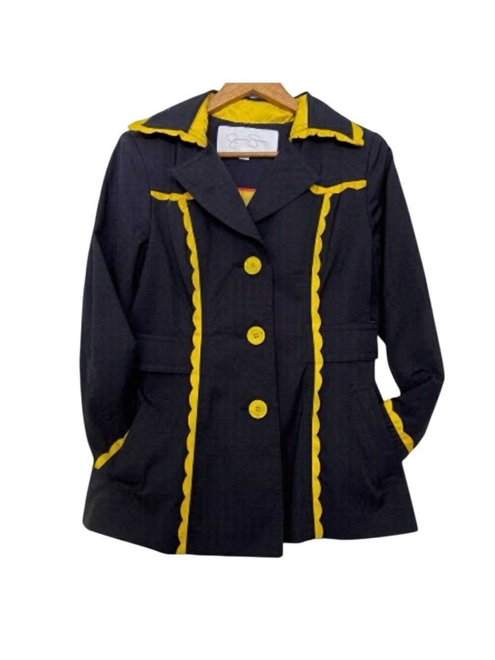 Jessica Simpson amazing trench coat navy blue yellow spring barbiecore jacket